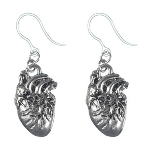 Silver Anatomical Heart Dangles Hypoallergenic Earrings for Sensitive Ears Made with Plastic Posts
