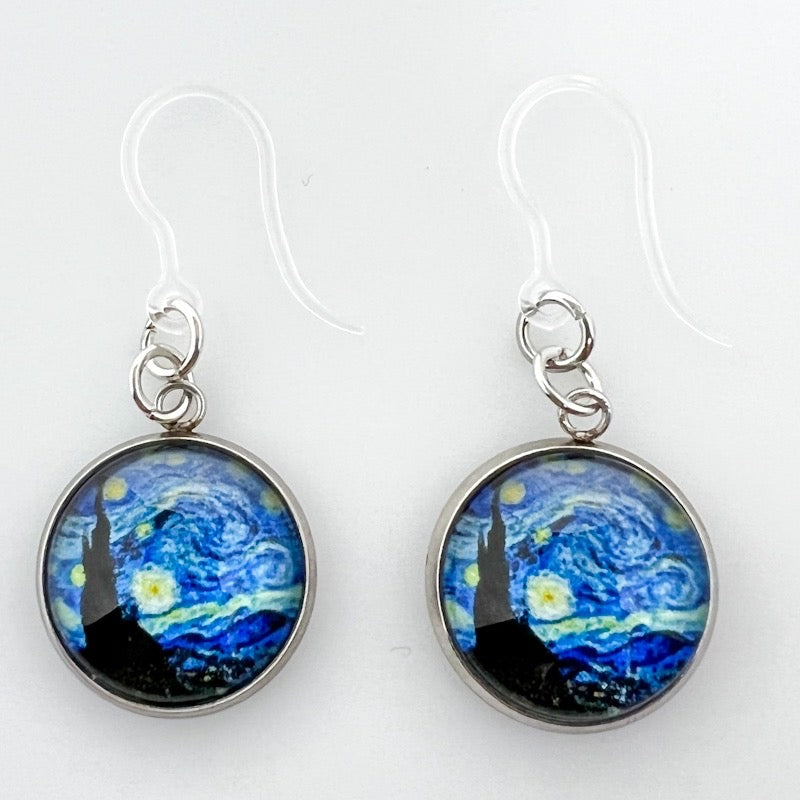 Glass Van Gogh Starry Night Dangles Hypoallergenic Earrings for Sensitive Ears Made with Plastic Posts