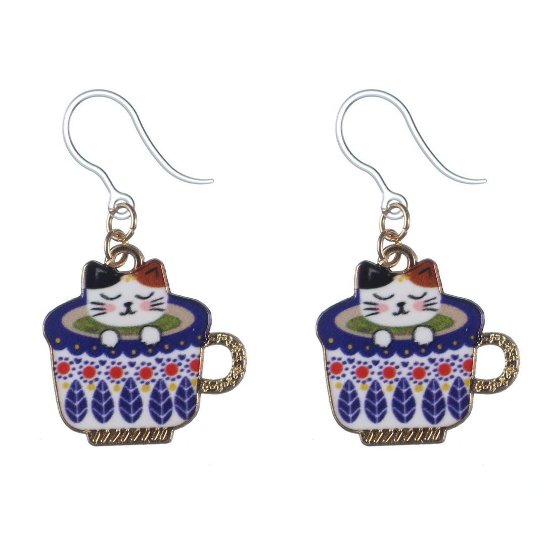 Teacup Cat Dangles Hypoallergenic Earrings for Sensitive Ears Made with Plastic Posts
