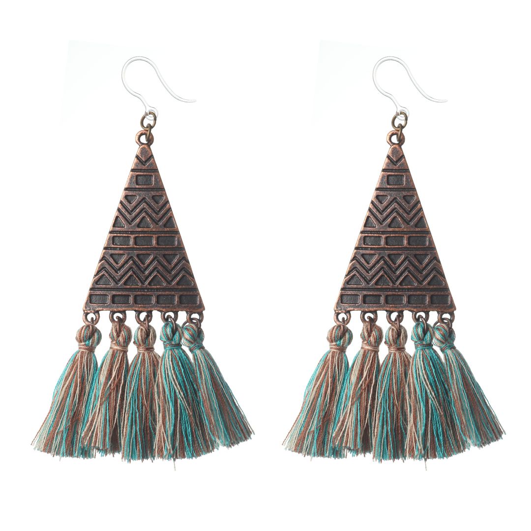 Bohemian Geometric Triangle Tassel Dangles Hypoallergenic Earrings for Sensitive Ears Made with Plastic Posts