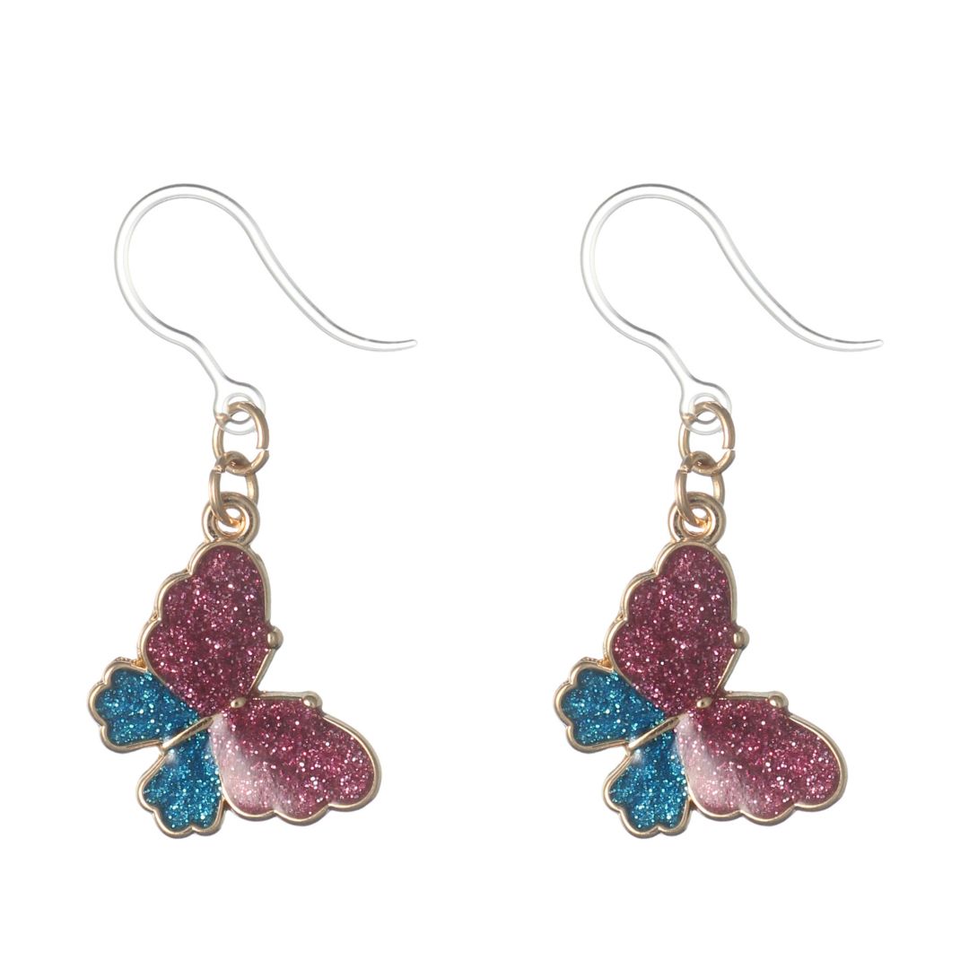 Glittery Butterfly Dangles Hypoallergenic Earrings for Sensitive Ears Made with Plastic Posts