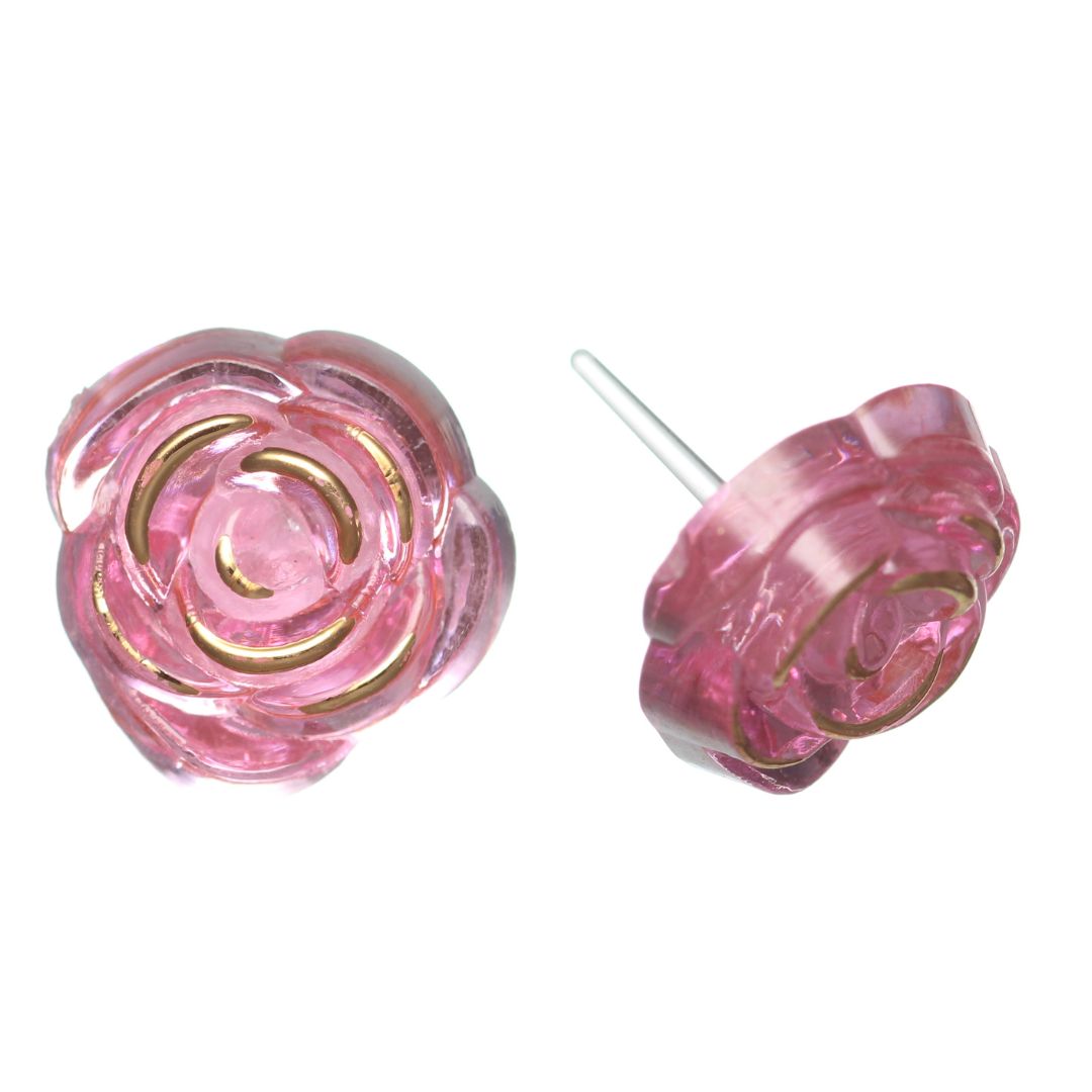 Glassy Pink Rose Studs Hypoallergenic Earrings for Sensitive Ears Made with Plastic Posts