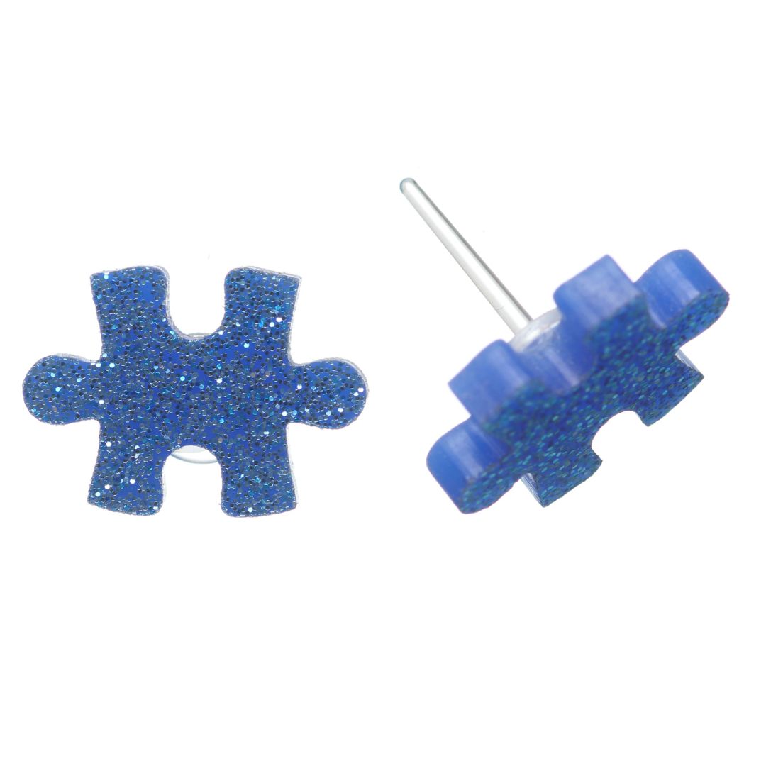 Glitter Puzzle Piece Studs Hypoallergenic Earrings for Sensitive Ears Made with Plastic Posts