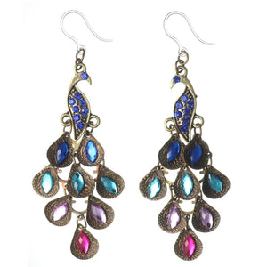 Jeweled Peacock Dangles Hypoallergenic Earrings for Sensitive Ears Made with Plastic Posts