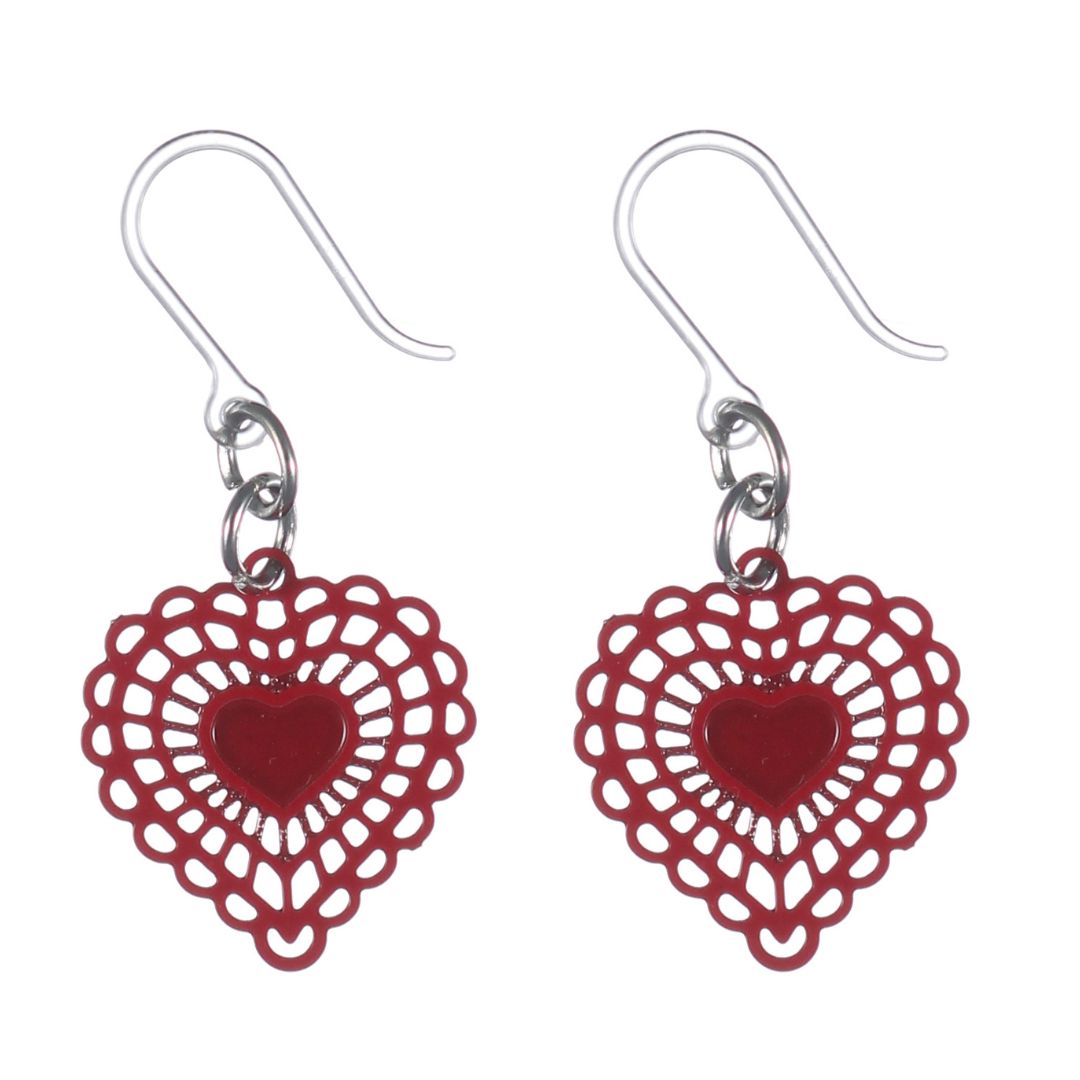 Doily Heart Dangles Hypoallergenic Earrings for Sensitive Ears Made with Plastic Posts