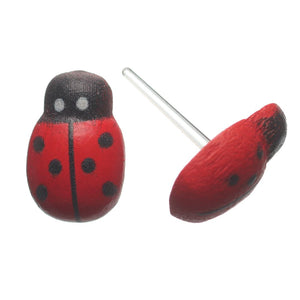 Wooden Ladybug Studs Hypoallergenic Earrings for Sensitive Ears Made with Plastic Posts