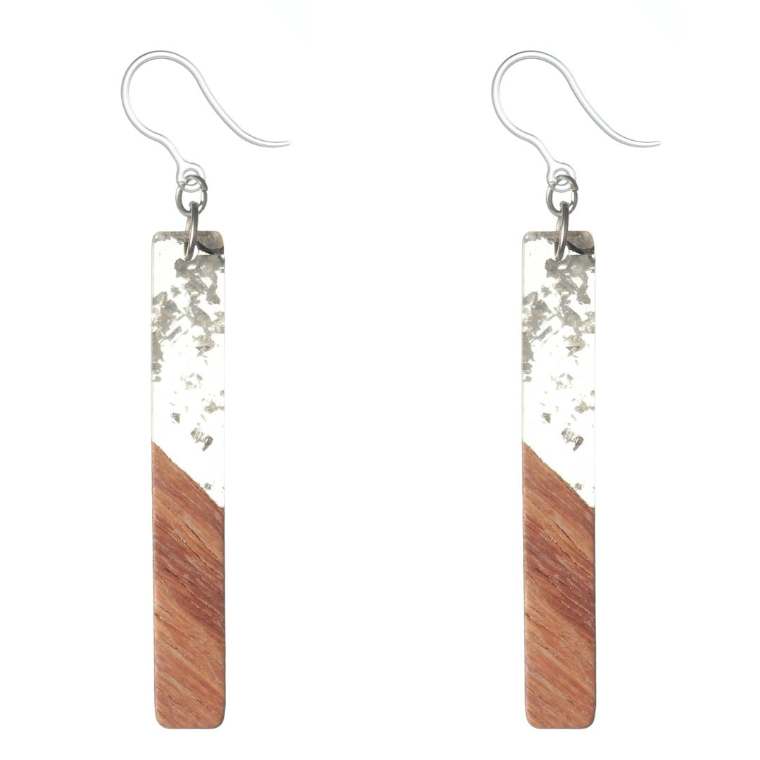 Rectangular Wooden Fleck Celluloid Dangles Hypoallergenic Earrings for Sensitive Ears Made with Plastic Posts