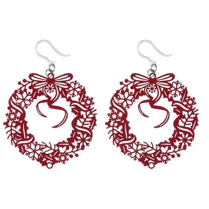 Large Christmas Wreath Dangles Hypoallergenic Earrings for Sensitive Ears Made with Plastic Posts