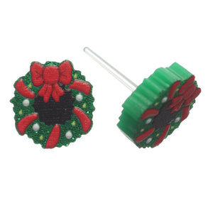 Christmas Wreath Studs Hypoallergenic Earrings for Sensitive Ears Made with Plastic Posts