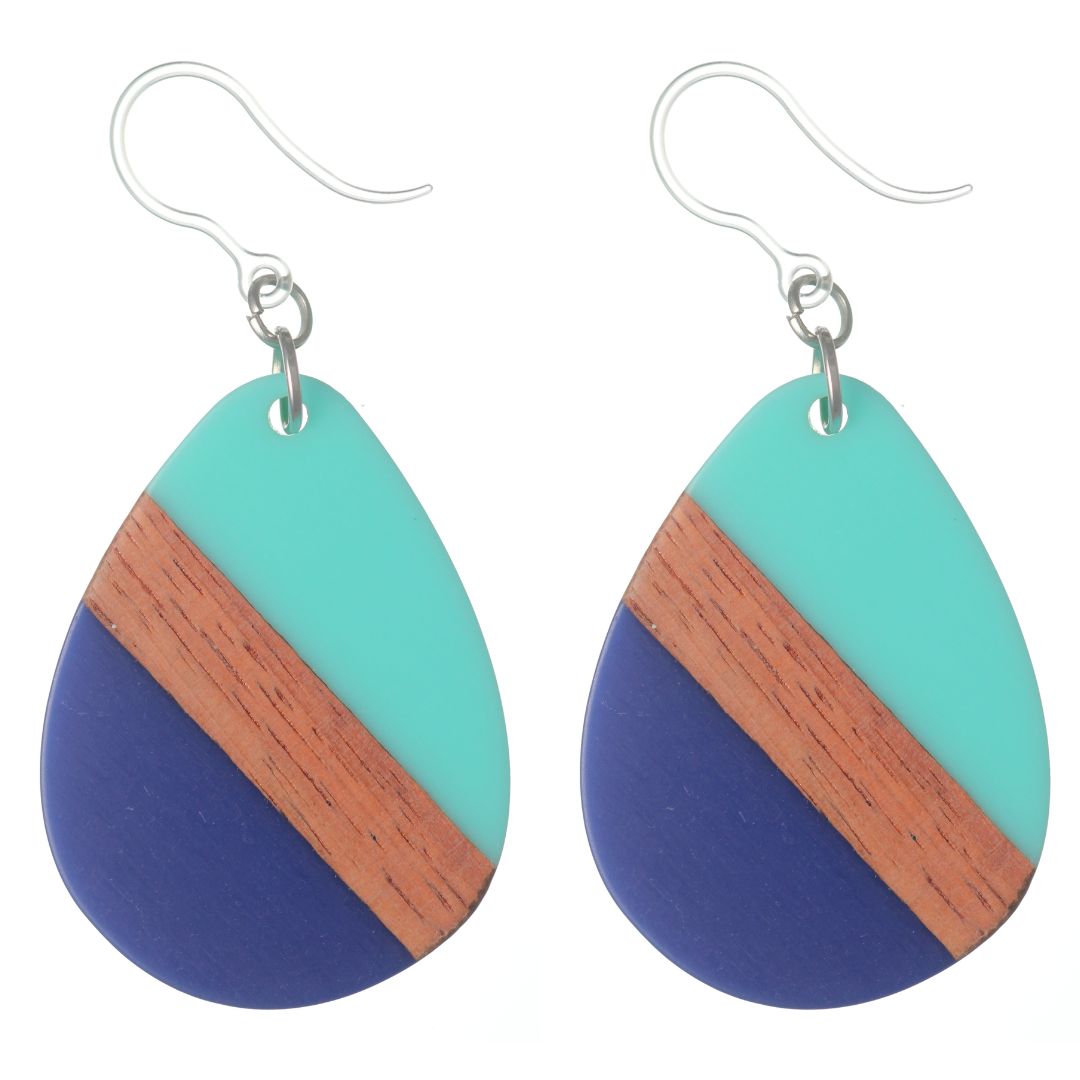  Color Block Wooden Celluloid Teardrop Earrings (Dangles) - opaque turquoise/blue