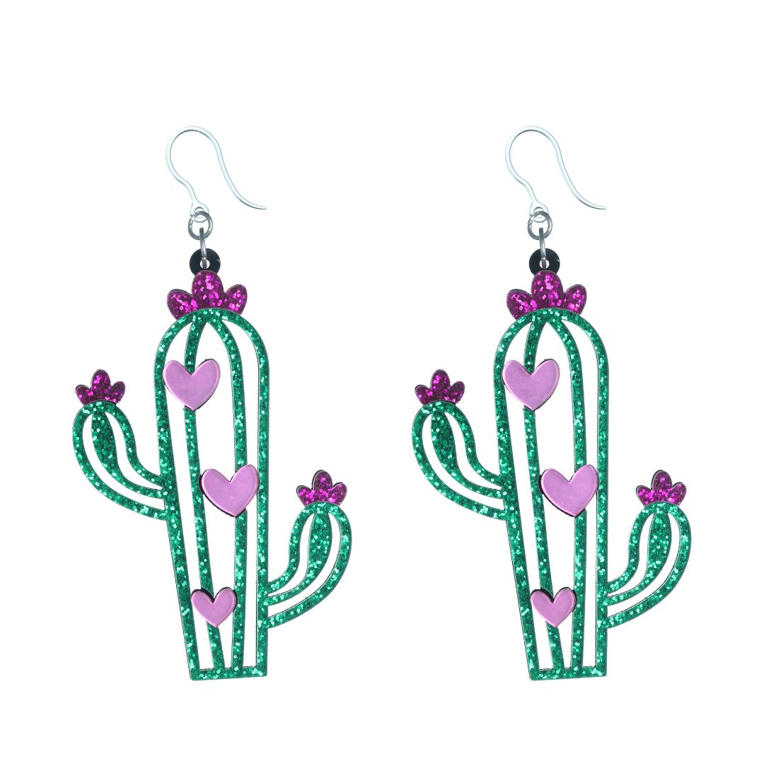 Exaggerated Cactus Heart Dangles Hypoallergenic Earrings for Sensitive Ears Made with Plastic Posts