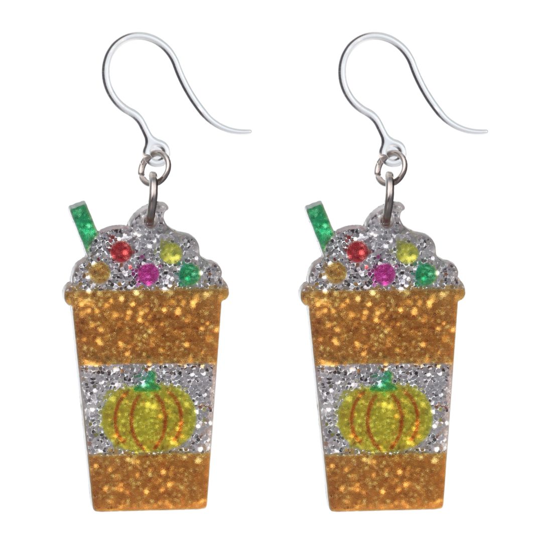 Glitter Pumpkin Spice Latte Earrings Dangles Hypoallergenic Earrings for Sensitive Ears with Plastic Posts