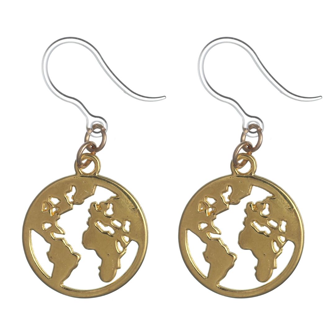 Metallic Map Dangles Hypoallergenic Earrings for Sensitive Ears Made with Plastic Posts