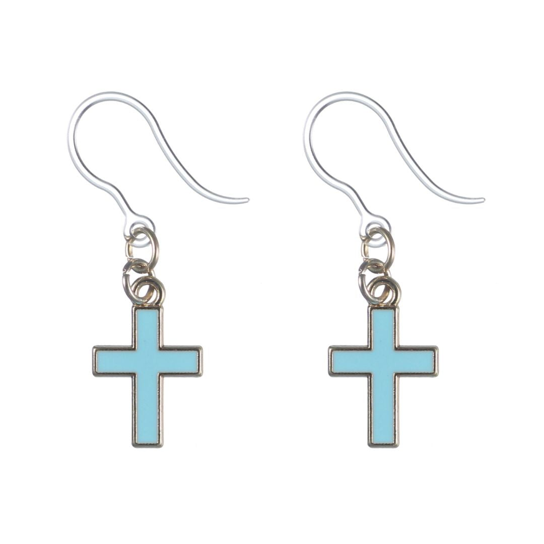Gold Rimmed Cross Earrings (Dangles) - blue