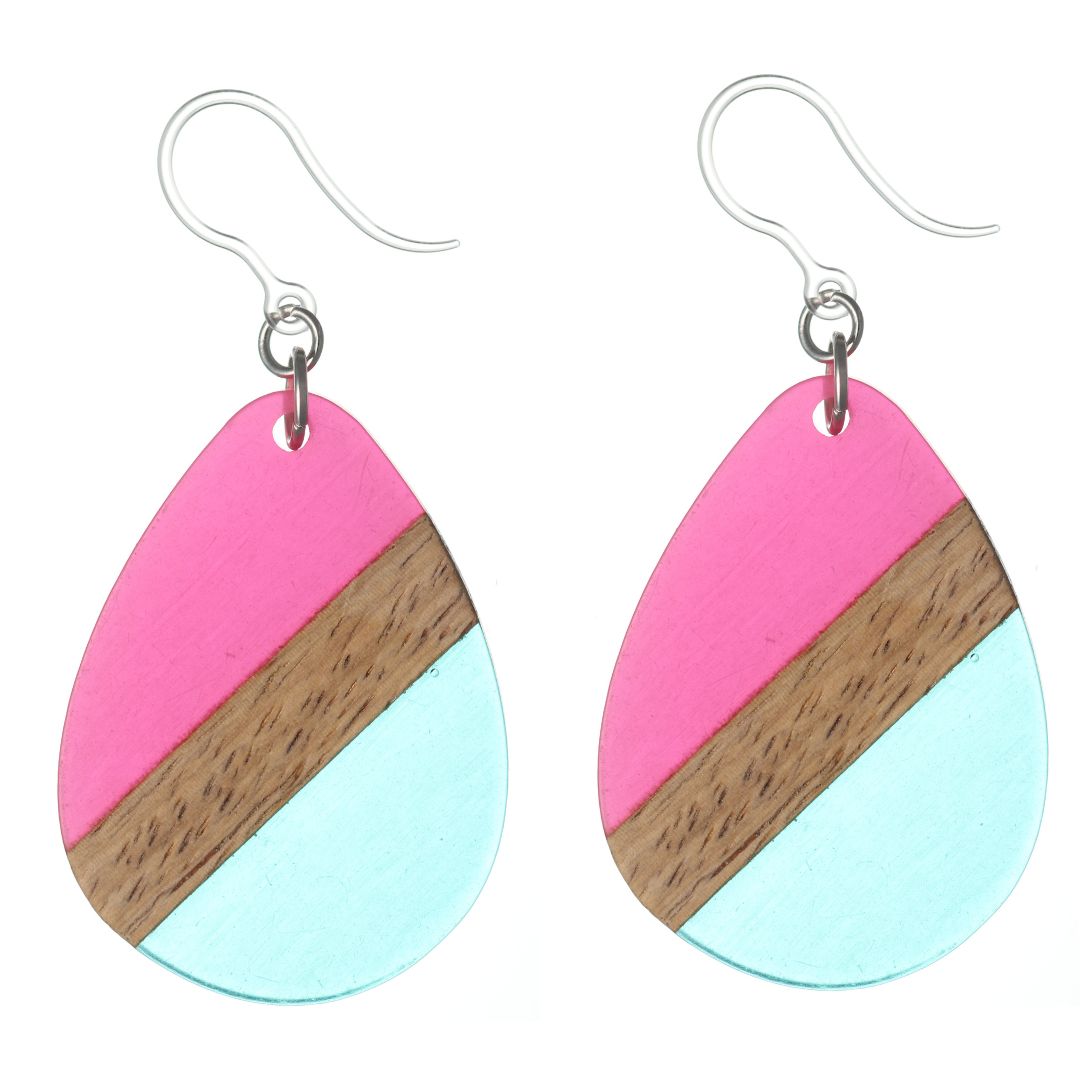  Color Block Wooden Celluloid Teardrop& Earrings (Dangles) - translucent pink/turquoise