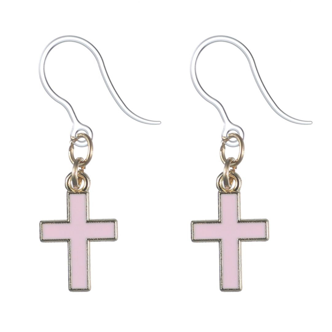 Gold Rimmed Cross Earrings (Dangles) - pink