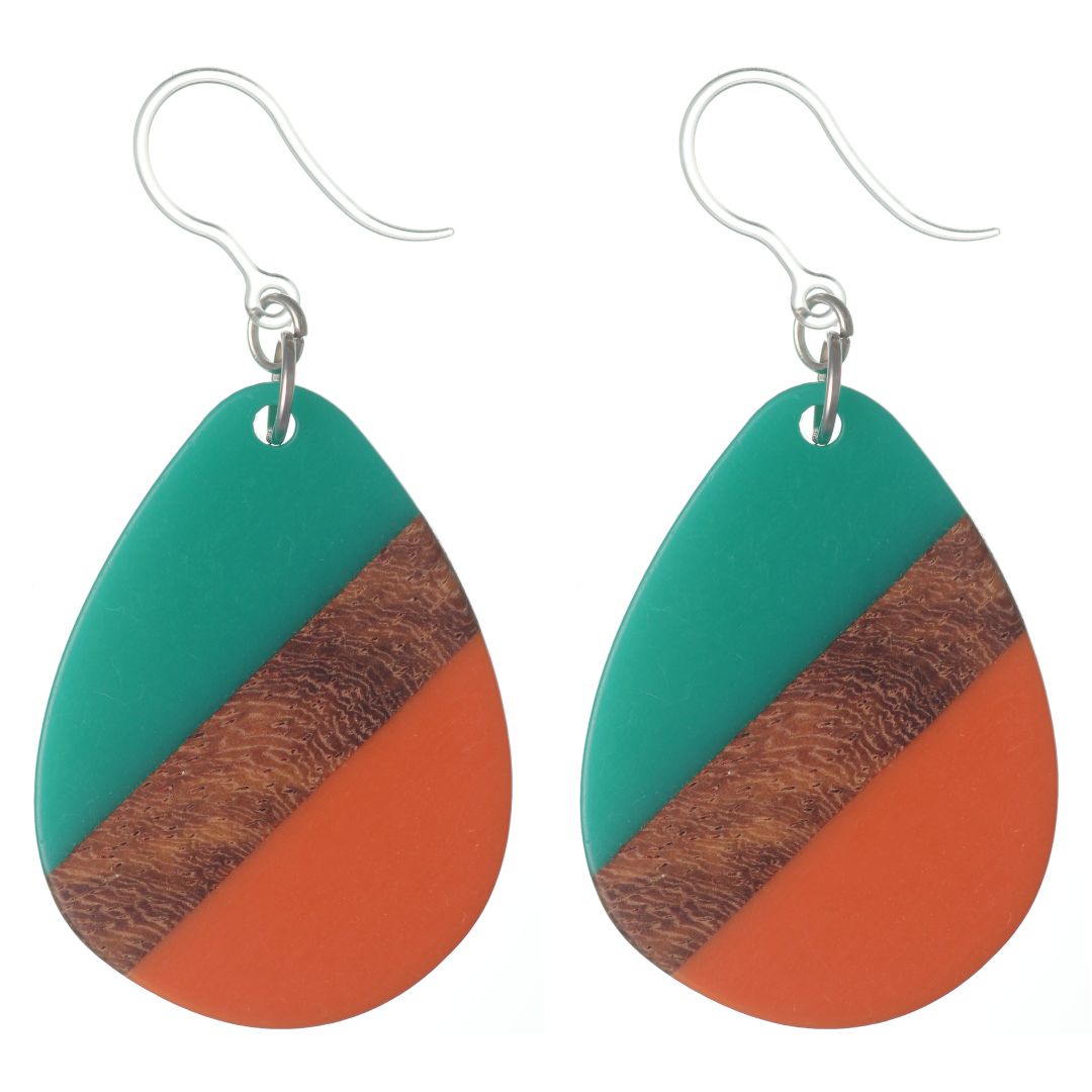 Color Block Wooden Celluloid Teardrop Earrings (Dangles) - opaque teal/orange