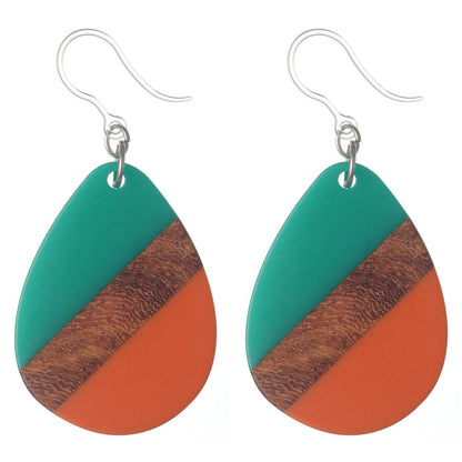  Color Block Wooden Celluloid Teardrop Earrings (Dangles) - opaque teal/orange