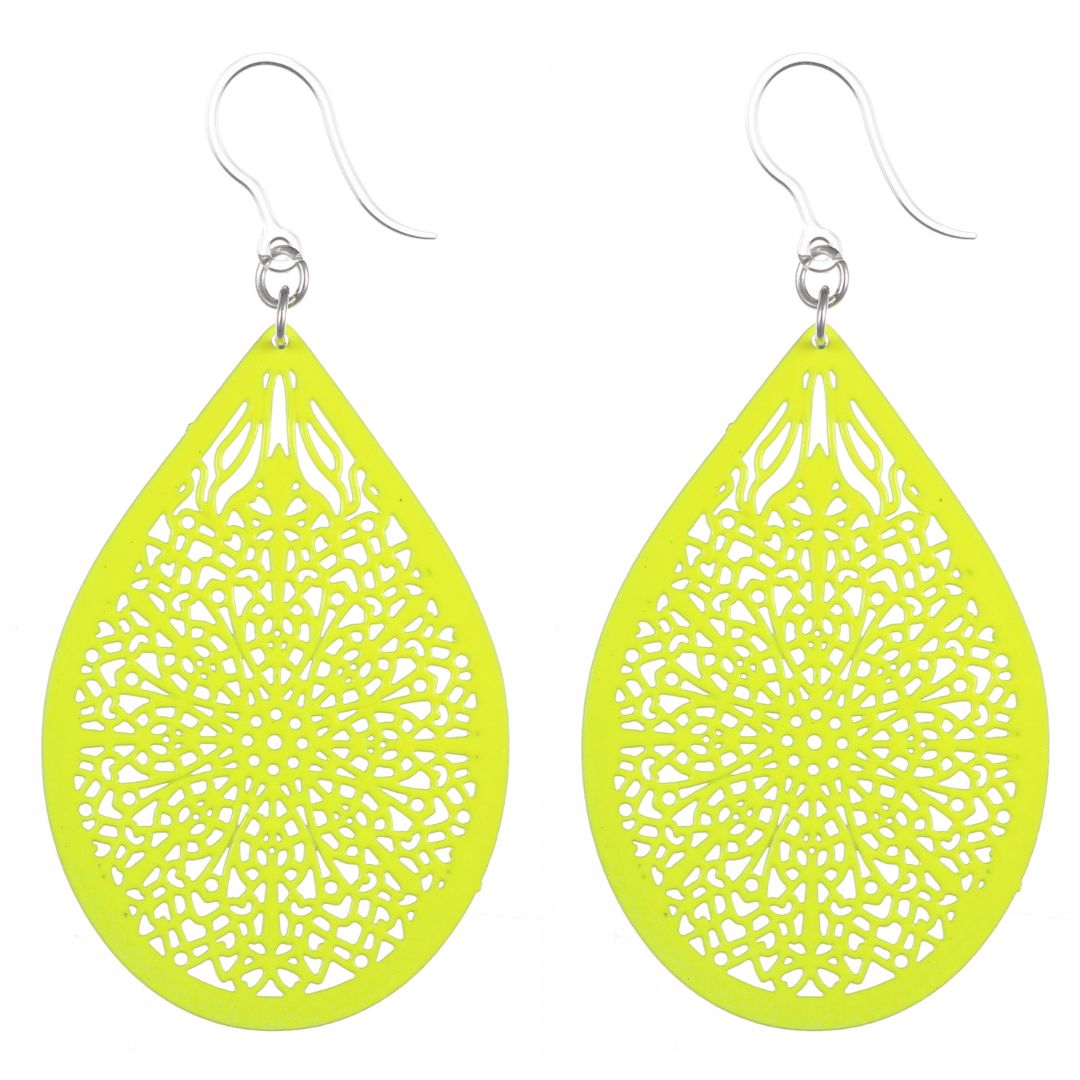 Stained Glass Teardrop Dangles Hypoallergenic Earrings for Sensitive Ears Made with Plastic Posts - Neon Yellow