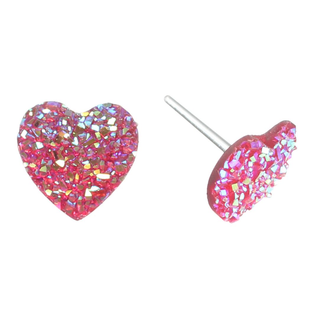 Faux Druzy Heart Studs Hypoallergenic Earrings for Sensitive Ears Made with Plastic Posts