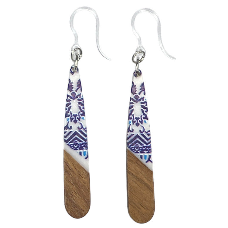 Stamped Wooden Celluloid Bar Earrings (Dangles) - rounded