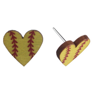 Wooden Softball Earrings (Studs) - heart