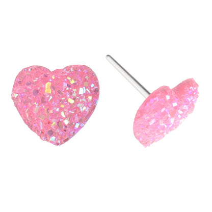 Faux Druzy Heart Studs Plastic Post Earrings for Sensitive Ears