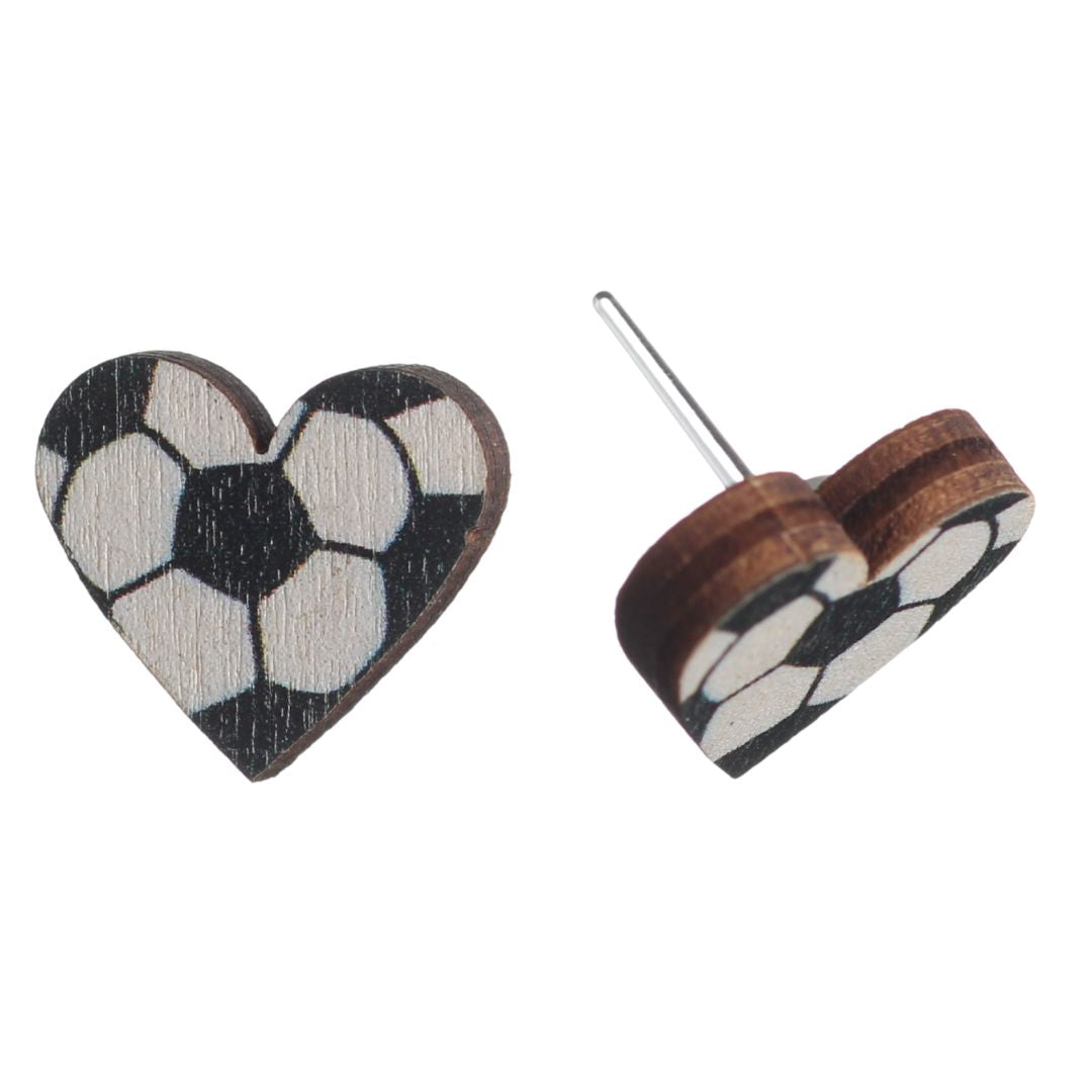 Wooden Soccer Earrings (Studs) - heart