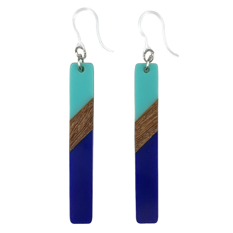 Color Block Wooden Celluloid Bar Earrings (Dangles) - turquoise/blue