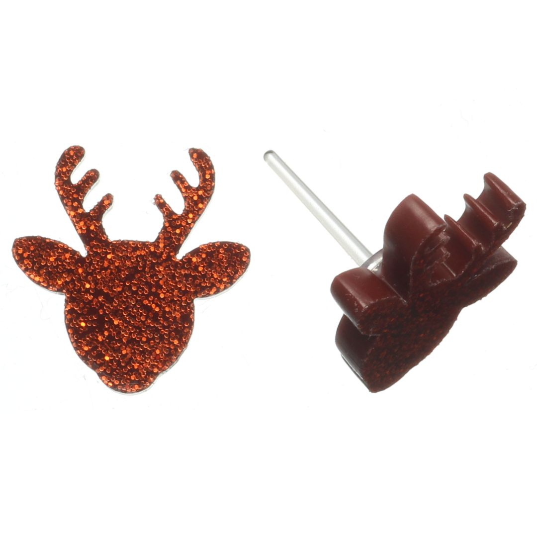 Glitter Reindeer Studs Hypoallergenic Earrings for Sensitive Ears Made with Plastic Posts