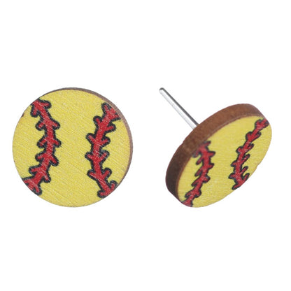 Wooden Softball Earrings (Studs) - ball