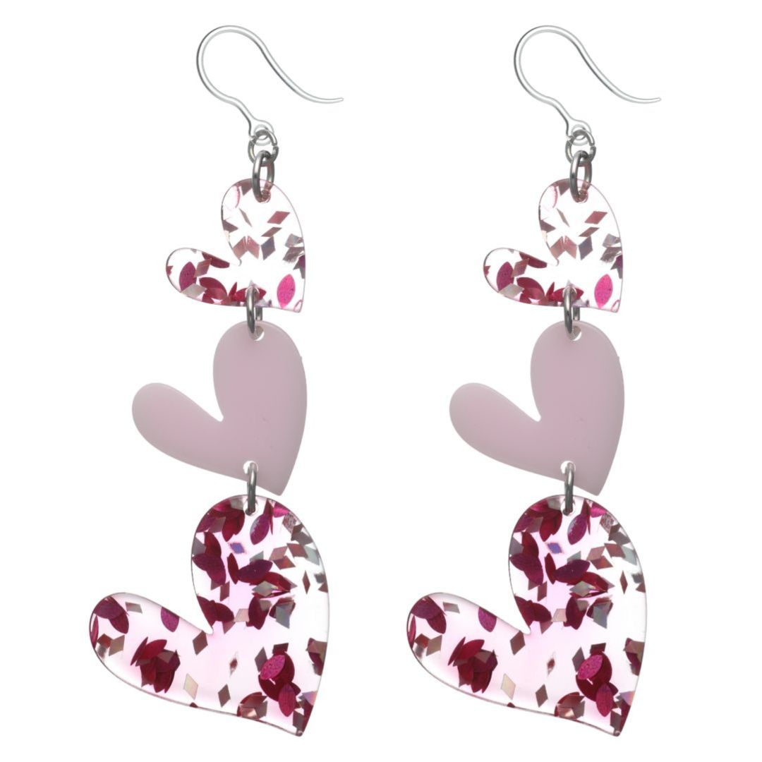Confetti Heart Drop Dangles Hypoallergenic Earrings for Sensitive Ears Made with Plastic Posts