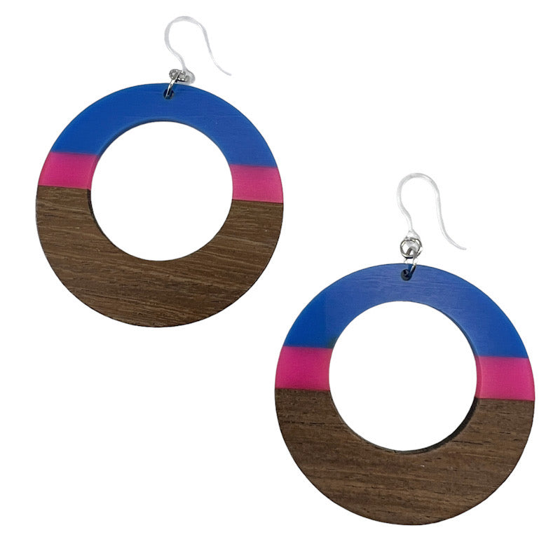 Exaggerated Wooden Celluloid Earrings (Dangles) - blue/pink