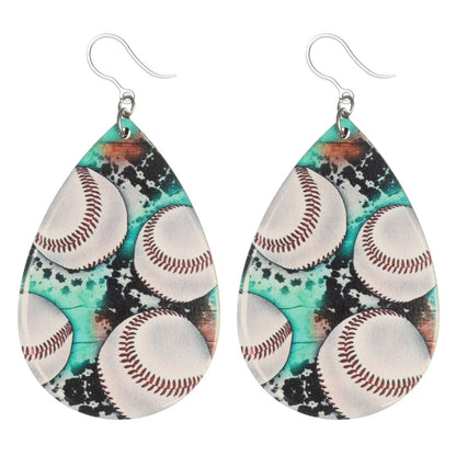 Wooden Baseball Teardrop Earrings (Dangles) - small print