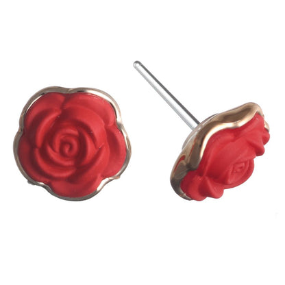 Gold Rimmed Rose Earrings (Studs) - red