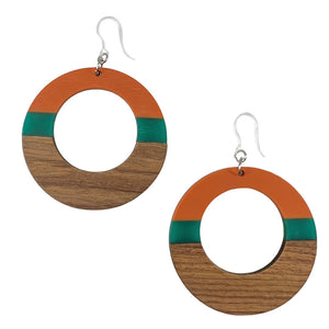 Exaggerated Wooden Celluloid Hoop Earrings (Dangles) - orange/teal