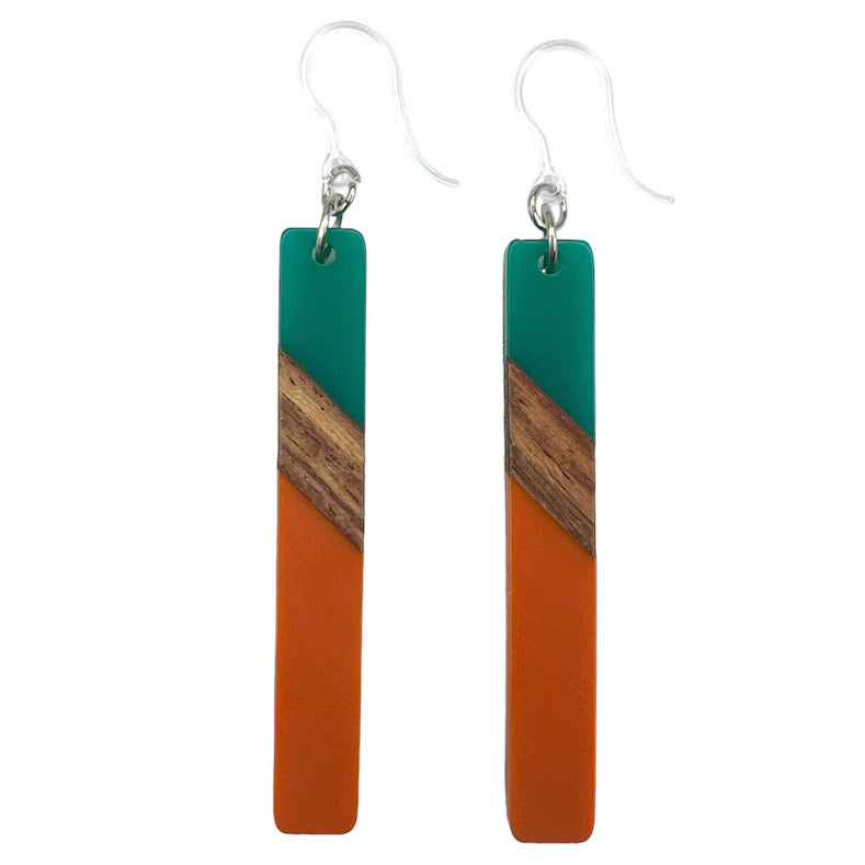 Color Block Wooden Celluloid Bar Earrings (Dangles) - teal/orange