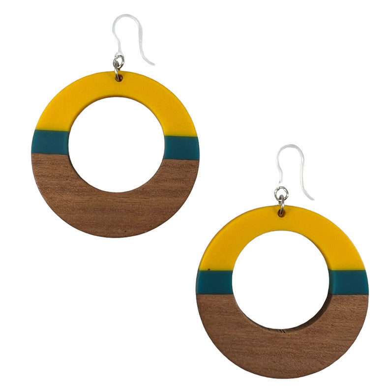 Exaggerated Wooden Celluloid Hoop Earrings (Dangles) - yellow/teal