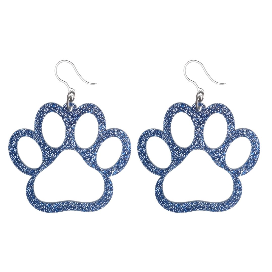 Exaggerated Glitter Paw Print Earrings (Dangles) - blue