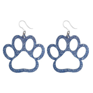 Exaggerated Glitter Paw Print Earrings (Dangles) - blue