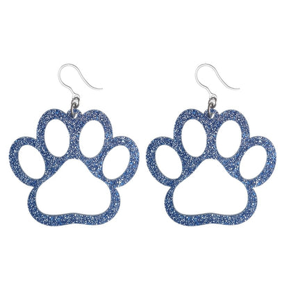 Exaggerated Glitter Paw Print Earrings (Dangles) - blue