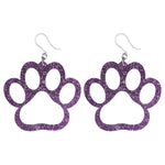 Exaggerated Glitter Paw Print Earrings (Dangles) - purple