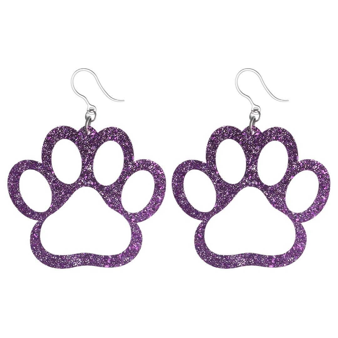 Exaggerated Glitter Paw Print Earrings (Dangles) - purple