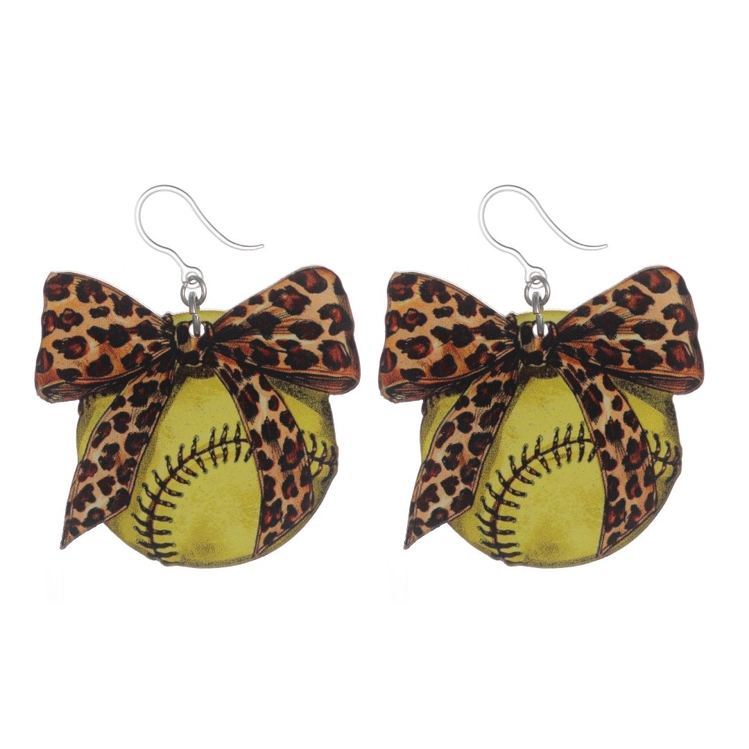 Leopard Print Bow Softball Earrings (Dangles)