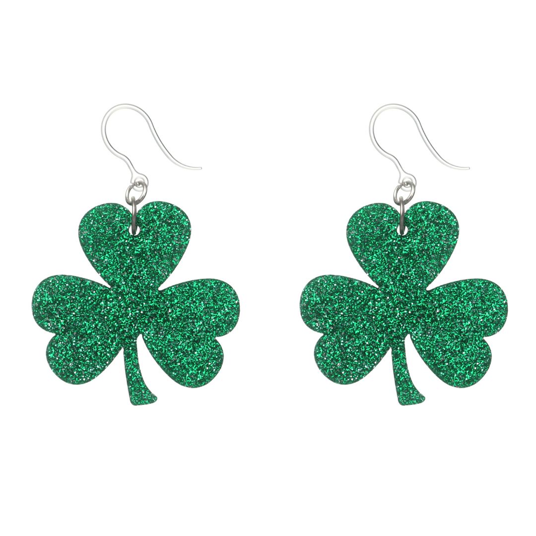 Exaggerated Glittery Shamrock Dangles Hypoallergenic Earrings for Sensitive Ears Made with Plastic Posts