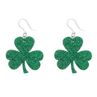 Exaggerated Glittery Shamrock Dangles Hypoallergenic Earrings for Sensitive Ears Made with Plastic Posts