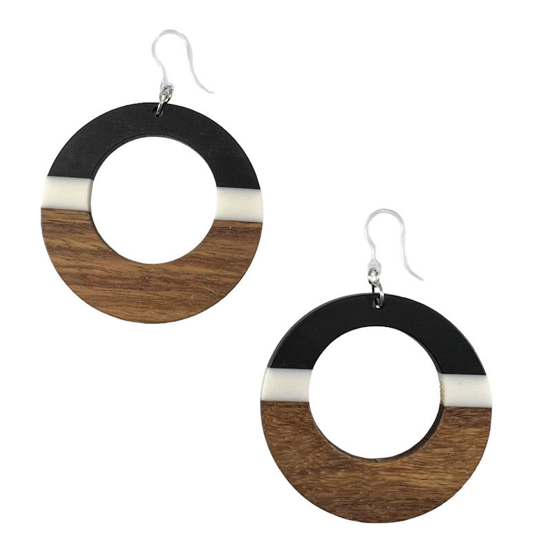 Exaggerated Wooden Celluloid Earrings (Dangles) - black/white