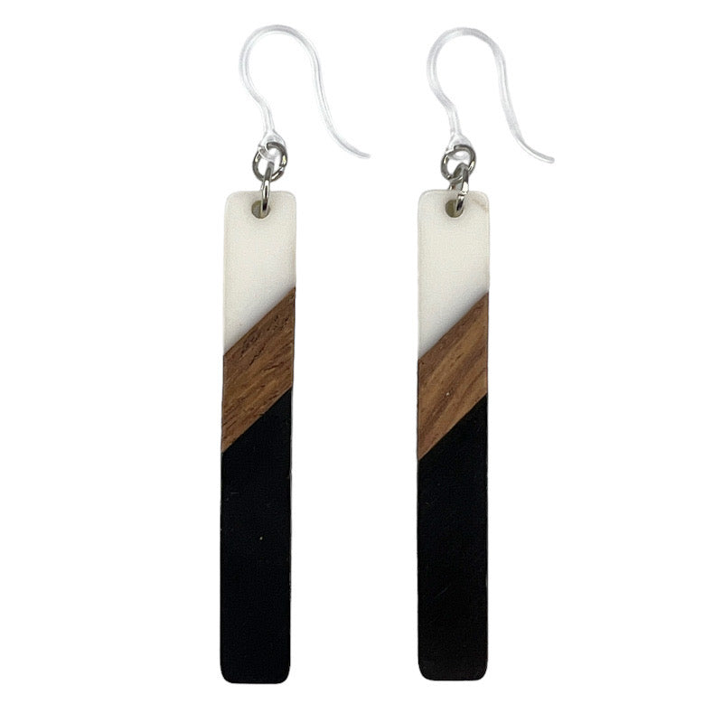 Color Block Wooden Celluloid Bar Earrings (Dangles) - white/black