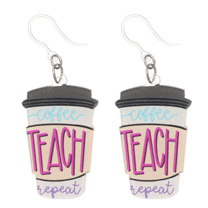 Coffee Teach Repeat Dangles Hypoallergenic Earrings for Sensitive Ears Made with Plastic Posts