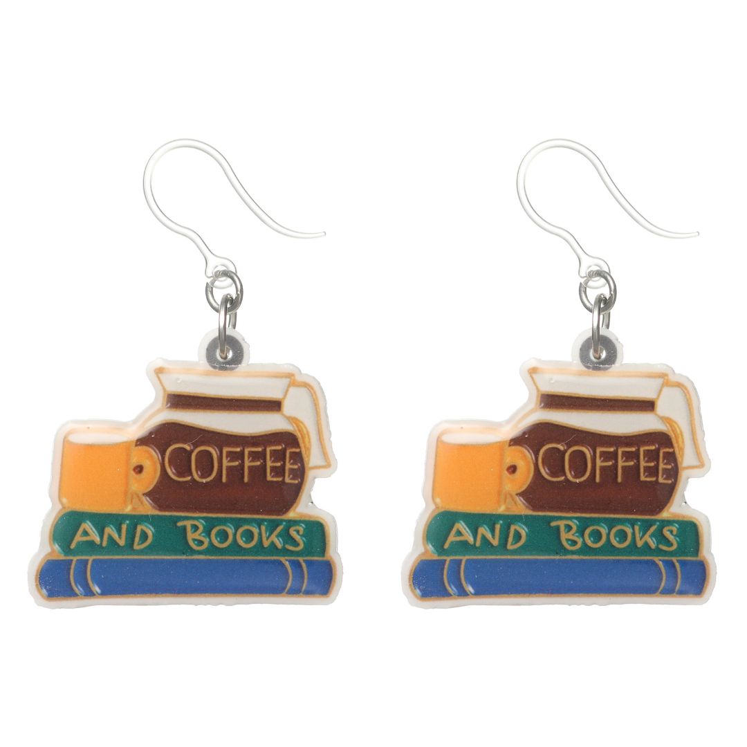 Coffee and Book Dangles Hypoallergenic Earrings for Sensitive Ears Made with Plastic Posts